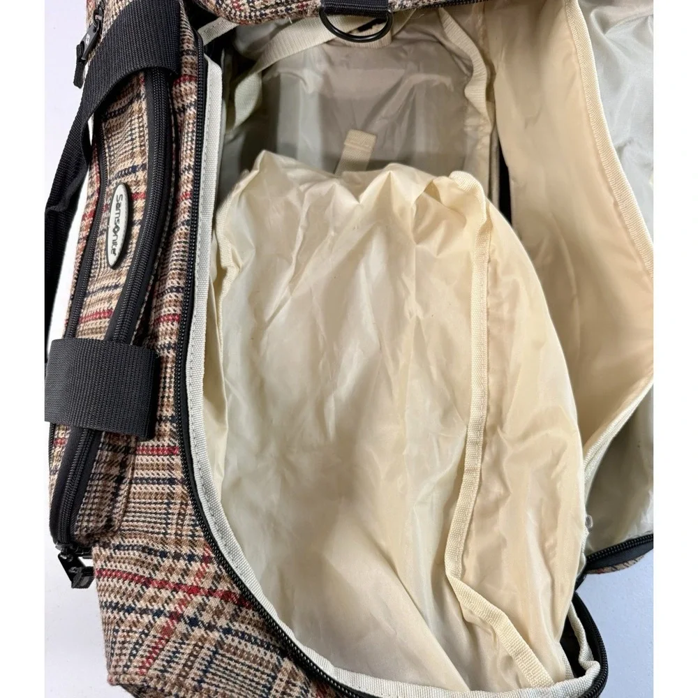 Vintage Samsonite Rolling Duffel Bag Carry On Woven Plaid Herringbone Wheels 24